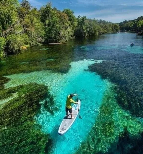 Aerial view of paddleboarding on crystal clear spring water