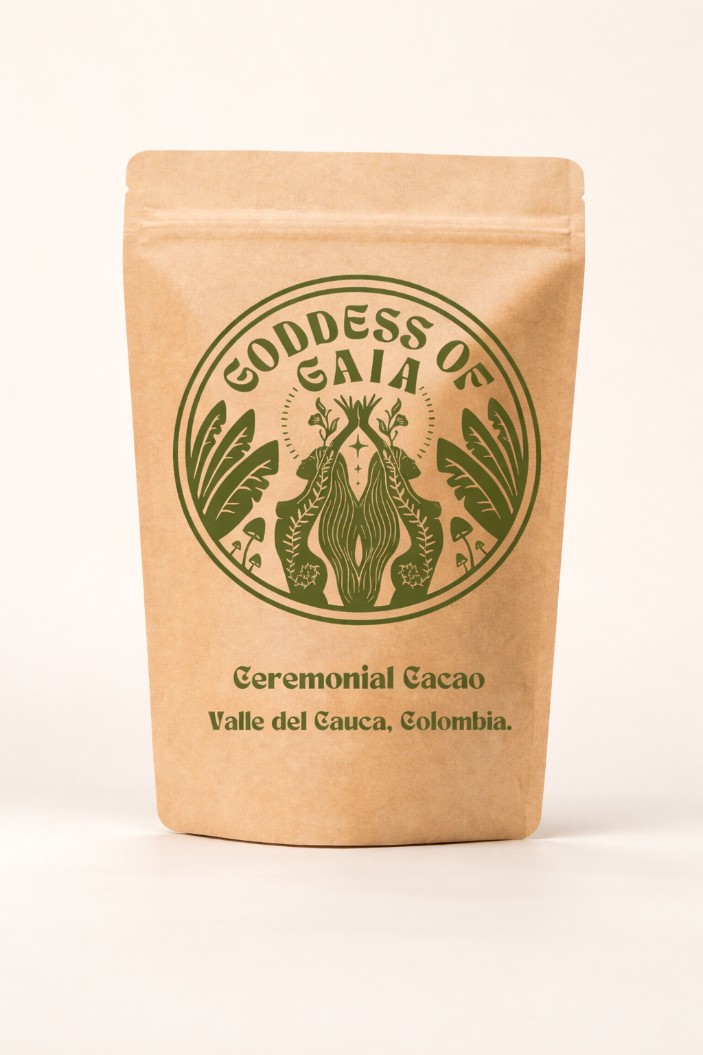 Goddess of Gaia Ceremonial Cacao - kraft bag with green logo
